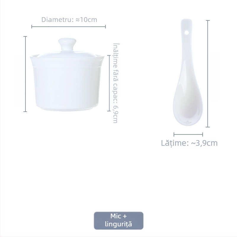 Vas ceramic din porțelan osos alb, cu capac, pentru o porție, cu interior și colorare sub glazură pentru ou fiert la abur