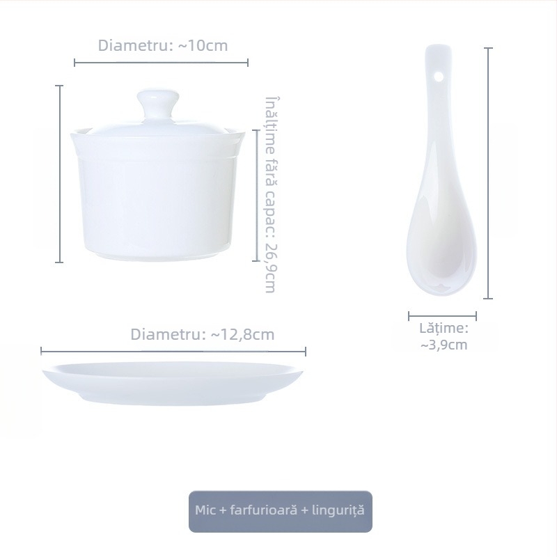 Vas ceramic din porțelan osos alb, cu capac, pentru o porție, cu interior și colorare sub glazură pentru ou fiert la abur
