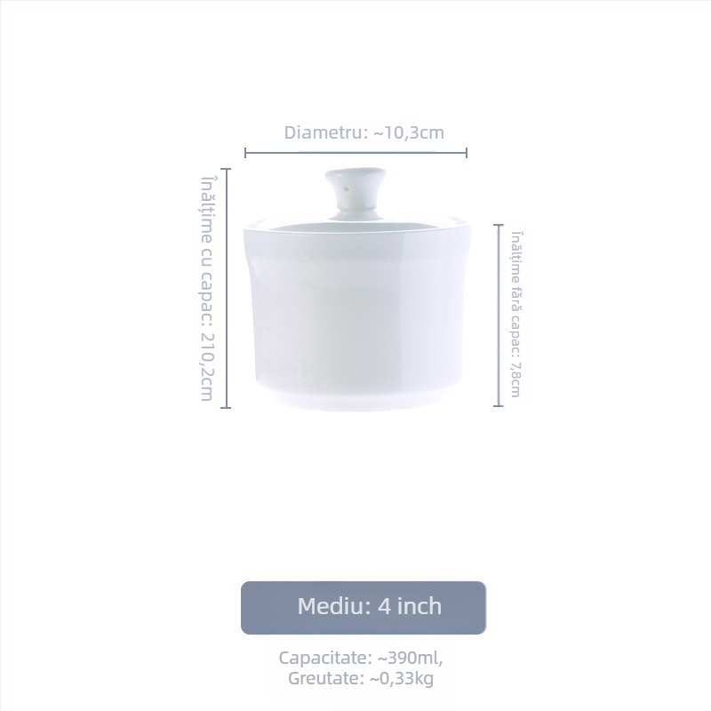 Vas ceramic din porțelan osos alb, cu capac, pentru o porție, cu interior și colorare sub glazură pentru ou fiert la abur