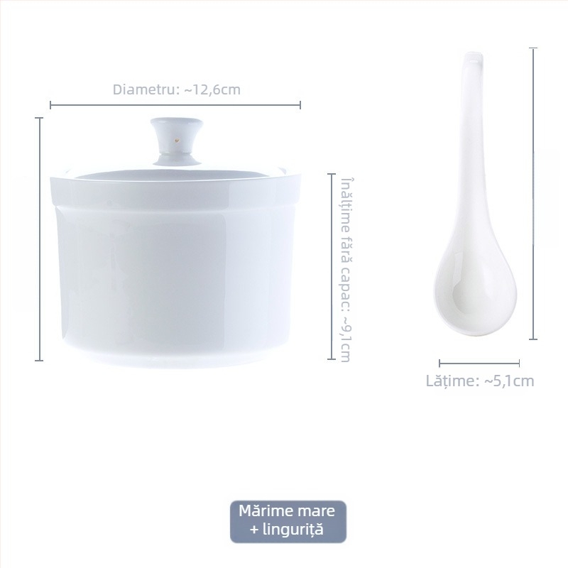 Vas ceramic din porțelan osos alb, cu capac, pentru o porție, cu interior și colorare sub glazură pentru ou fiert la abur