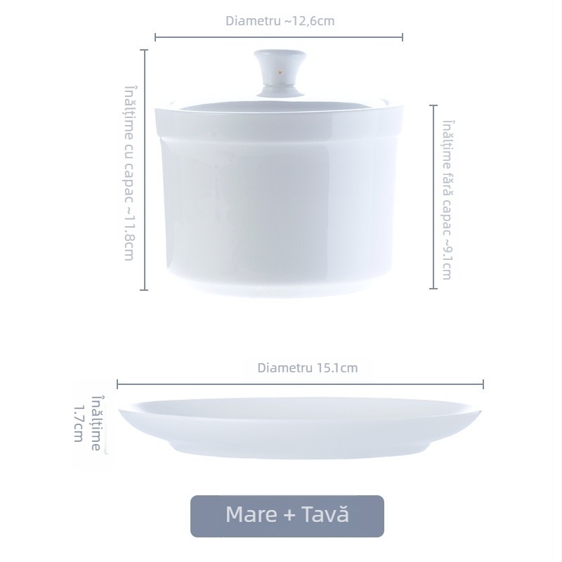 Vas ceramic din porțelan osos alb, cu capac, pentru o porție, cu interior și colorare sub glazură pentru ou fiert la abur