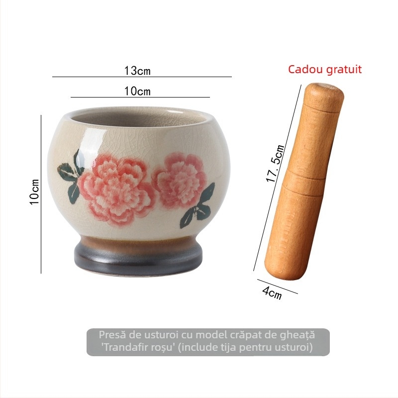 Mojar ceramic manual pentru usturoi, glazură anticǎ, stil retro, pentru zdrobirea usturoiului și ardei în bucătărie