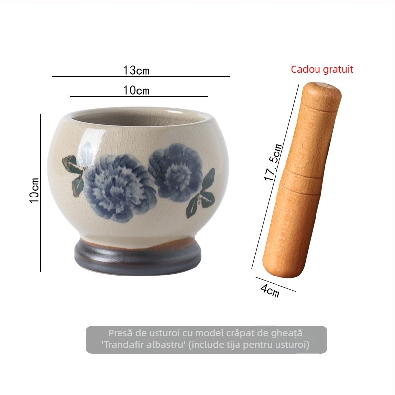 Mojar ceramic manual pentru usturoi, glazură anticǎ, stil retro, pentru zdrobirea usturoiului și ardei în bucătărie