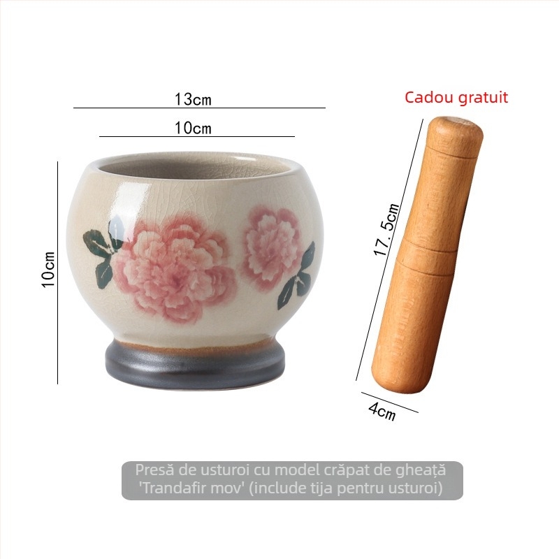 Mojar ceramic manual pentru usturoi, glazură anticǎ, stil retro, pentru zdrobirea usturoiului și ardei în bucătărie