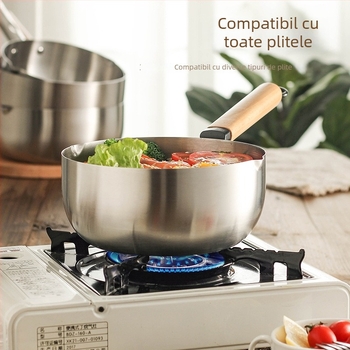 Oală japoneză din oțel inoxidabil cu capac din sticlă, 2,1–3 L, anti-arsură, rezistență la ruginire, pentru supă, tăiței, lapte, Luosifen