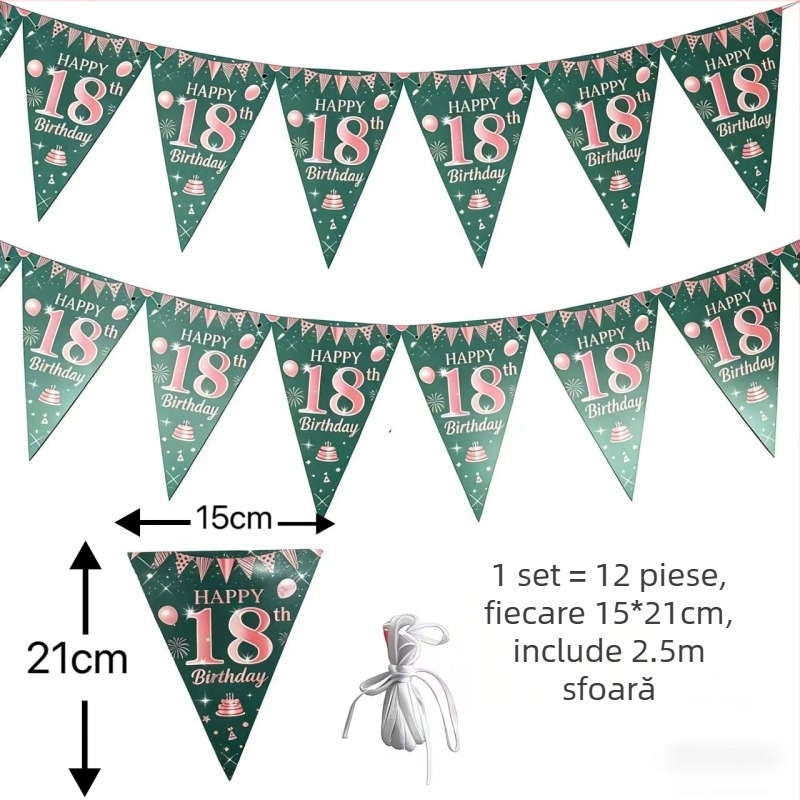 Decor pentru majoratul de 18 ani: banner cu triunghiuri roz-aurii și verzi pentru fundal pe perete