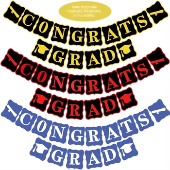 Ghirlandă cu steaguri pentru absolvire – steaguri de hârtie pentru fundal, imprimare prin transfer termic, galben, roșu, albastru