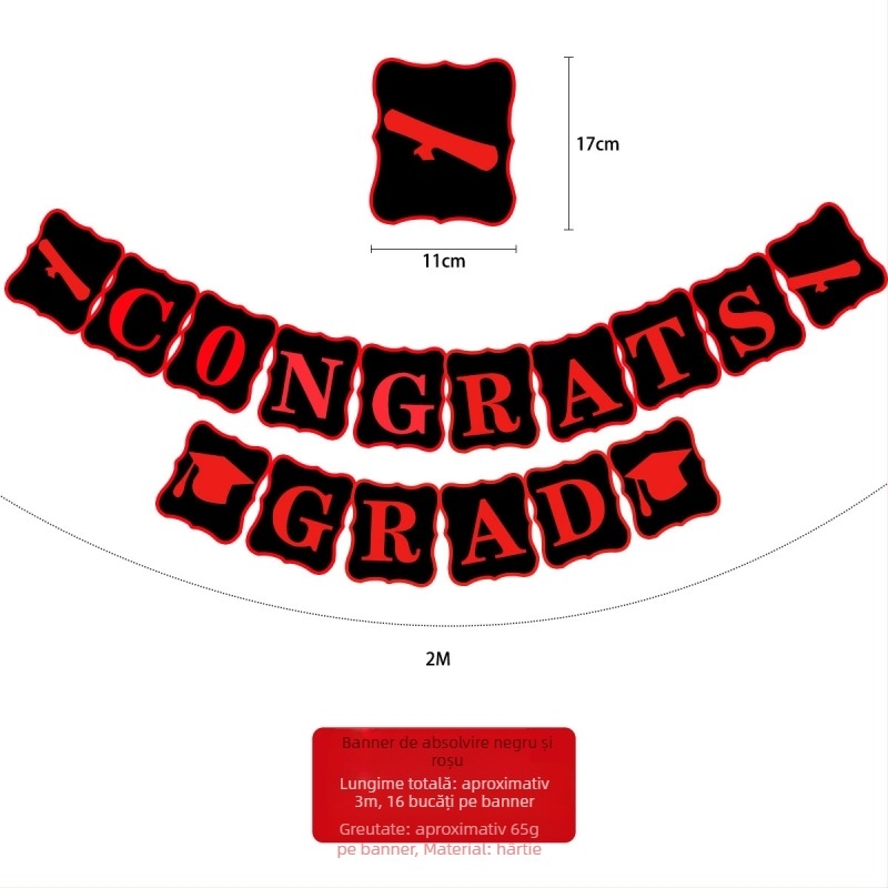 Ghirlandă cu steaguri pentru absolvire – steaguri de hârtie pentru fundal, imprimare prin transfer termic, galben, roșu, albastru