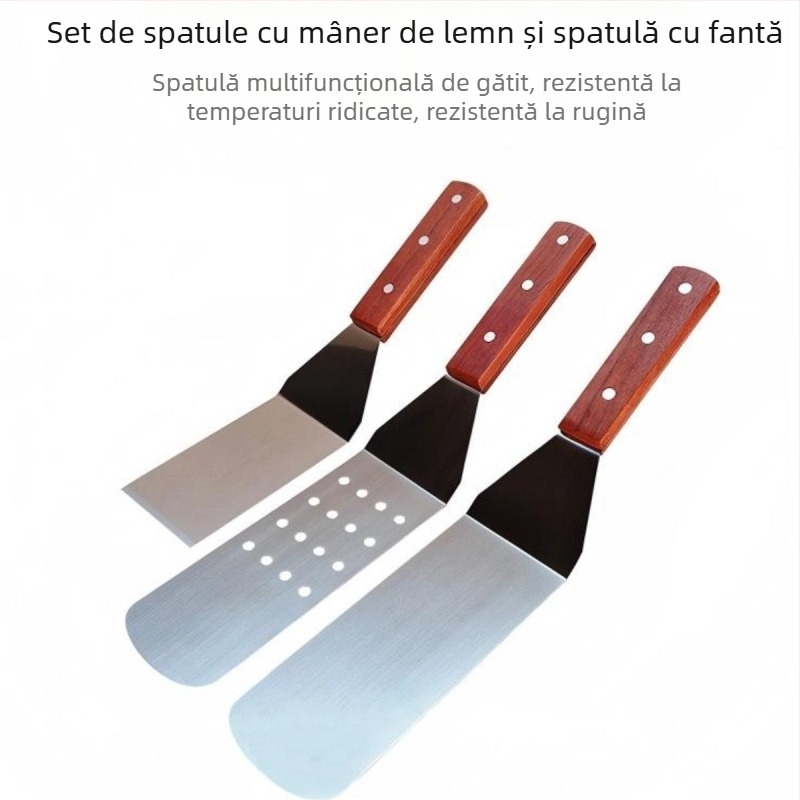 Set de unelte pentru grătar din oțel inoxidabil pentru exterior, spatulă cu mâner din lemn și lopată, ustensile de bucătărie în stil japonez