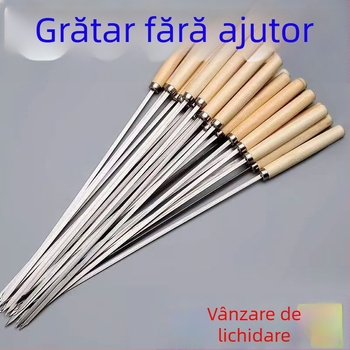 Yir frigărui din oțel inoxidabil cu mâner din lemn, frigărui plate pentru frigări de miel, ustensile de grătar pentru uz casnic