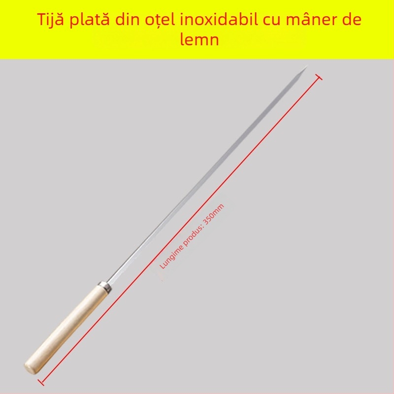 Yir frigărui din oțel inoxidabil cu mâner din lemn, frigărui plate pentru frigări de miel, ustensile de grătar pentru uz casnic
