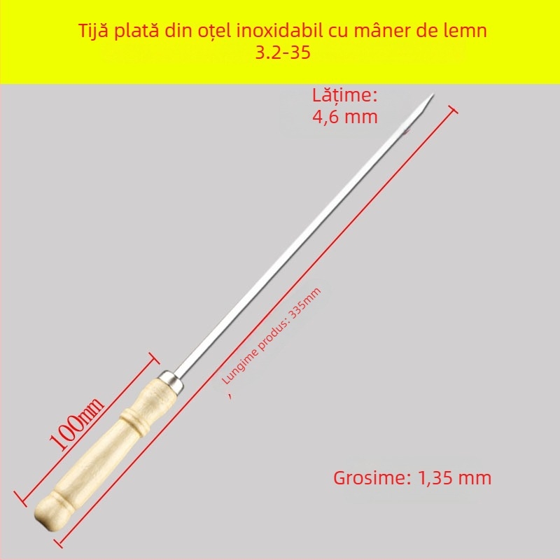 Yir frigărui din oțel inoxidabil cu mâner din lemn, frigărui plate pentru frigări de miel, ustensile de grătar pentru uz casnic