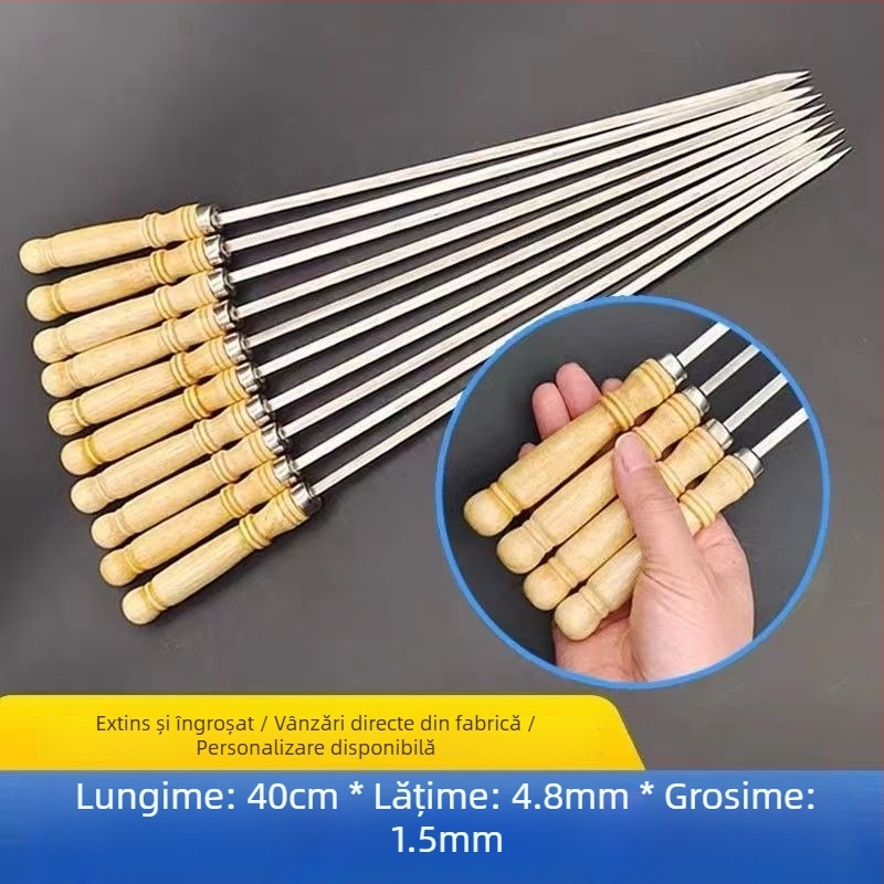 Yir frigărui din oțel inoxidabil cu mâner din lemn, frigărui plate pentru frigări de miel, ustensile de grătar pentru uz casnic