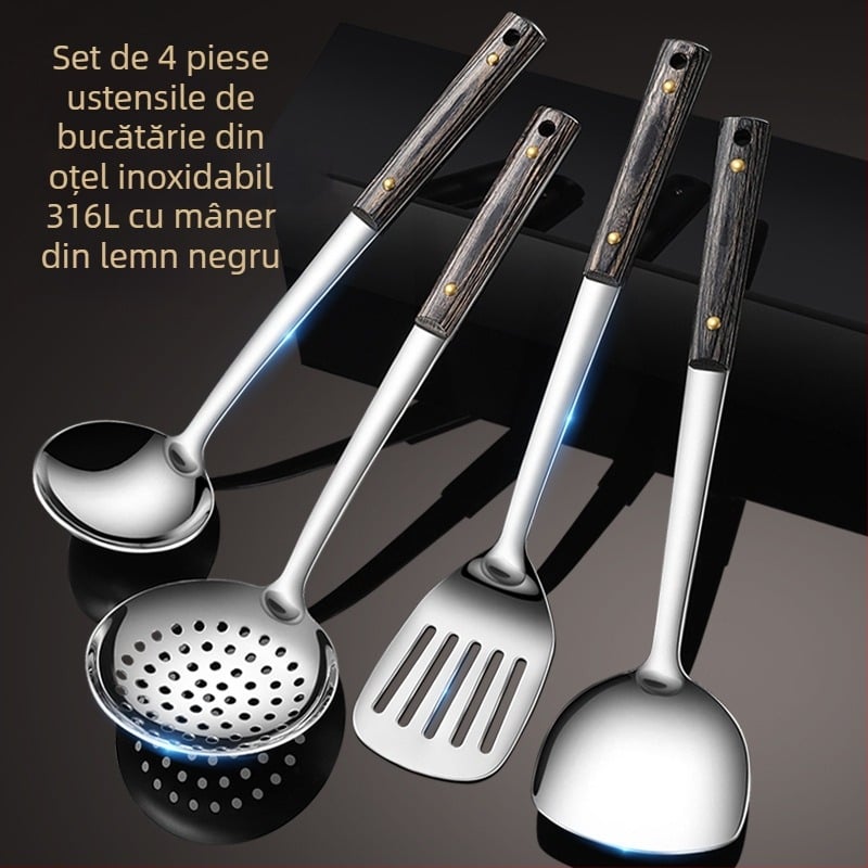 Set de ustensile de bucătărie din oțel inoxidabil 316L: spatulă, lingură de gătit, lingură de servire și lingură de supă