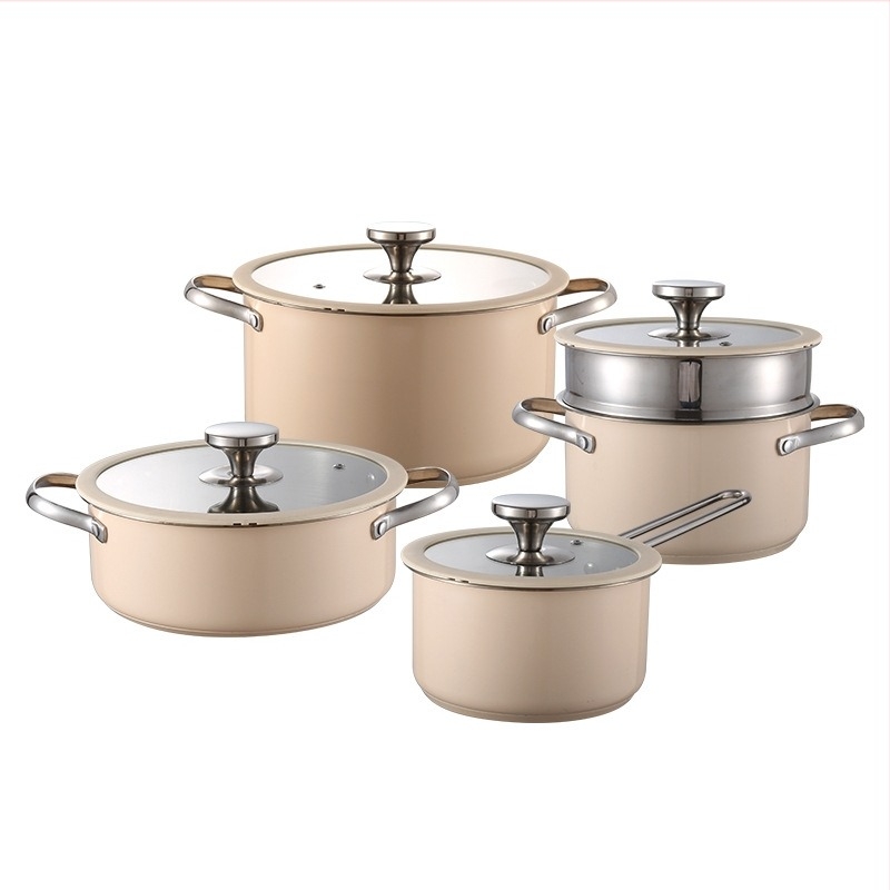 Set de vase din oțel inoxidabil 304, fără acoperire, cu capac din silicon și sticlă; include oală pentru supă, oală pentru lapte, oală pentru aburi și oală pentru fructe de mare; cutie cadou
