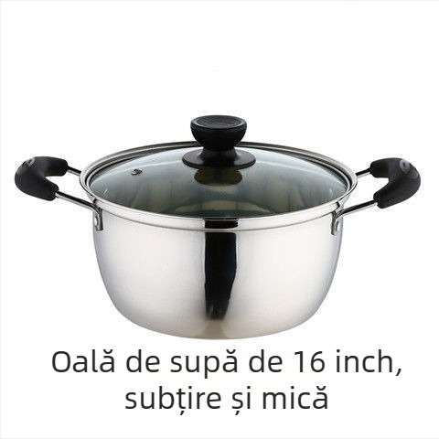 16/18/20/22/24/26 cm Oală pentru supe, tocană, lapte și aburi – 201 oțel inoxidabil, capac din sticlă, antiaderent, compatibil gaz și plită cu inducție