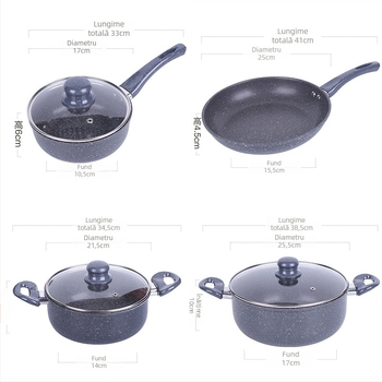 Set de patru vase de gătit cu strat antiaderent, oală pentru supă și tigaie cu capac de sticlă, fund dublu — cutie cadou