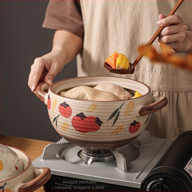 Oală ceramică pentru supă în stil japonez, design desenat manual cu personaje de desene animate, oală mare pentru supă și tocănițe, potrivită pentru aragaz cu gaz