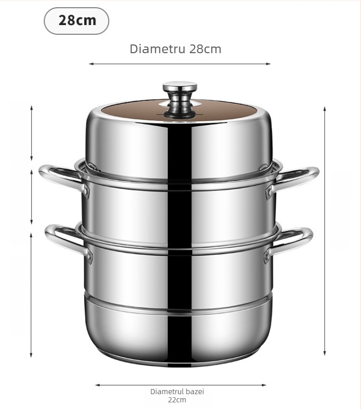 Vas de gătit cu aburi din oțel inoxidabil, trei niveluri, cu grătar pentru aburi, pentru orez, chifle și supe; compatibil cu aragaz pe gaz și plită cu inducție