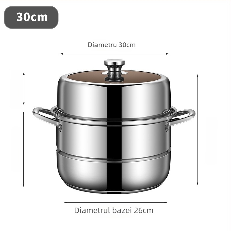 Vas de gătit cu aburi din oțel inoxidabil, trei niveluri, cu grătar pentru aburi, pentru orez, chifle și supe; compatibil cu aragaz pe gaz și plită cu inducție
