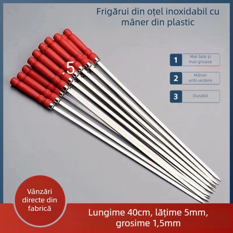 Frigărui pentru grătar cu mâner din oțel inoxidabil, frigărui plate din oțel pentru grătar