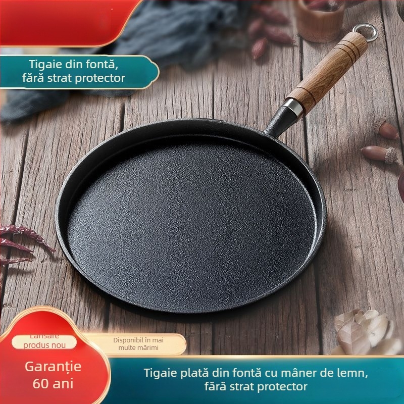 Tigaie din fontă pentru clătite și prăjit, bază plată, fără strat, antiaderent