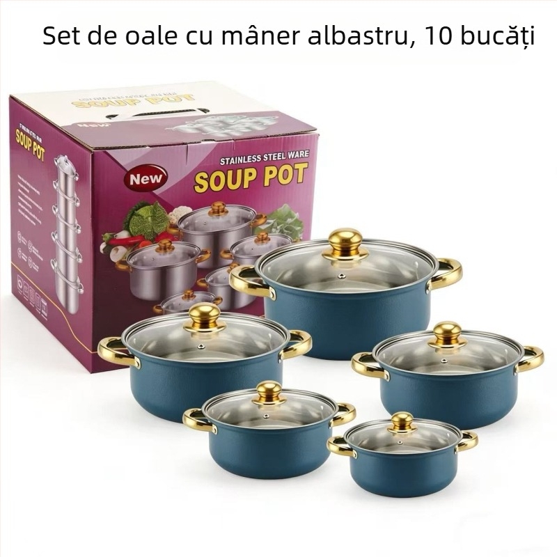 Set de 10 oale din oțel inoxidabil, pentru supă, cu capace de sticlă