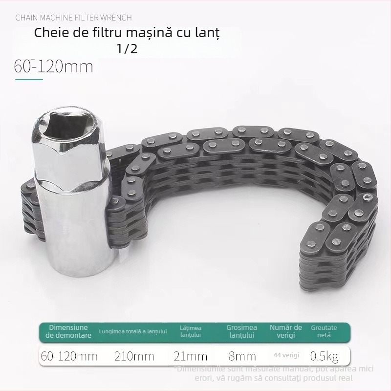 Cheie reglabilă pentru filtru de ulei, cu lanț dublu, tip manșon, 44-52 mm, pentru întreținere auto