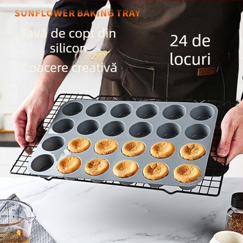Formă din silicon cu 24 cavități, rotundă, pentru mini brioșe, rezistentă la temperaturi înalte, roșie, 33×22,5 cm