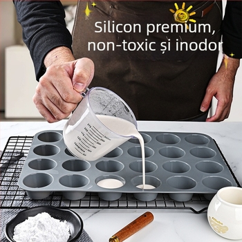 Formă din silicon cu 24 cavități, rotundă, pentru mini brioșe, rezistentă la temperaturi înalte, roșie, 33×22,5 cm