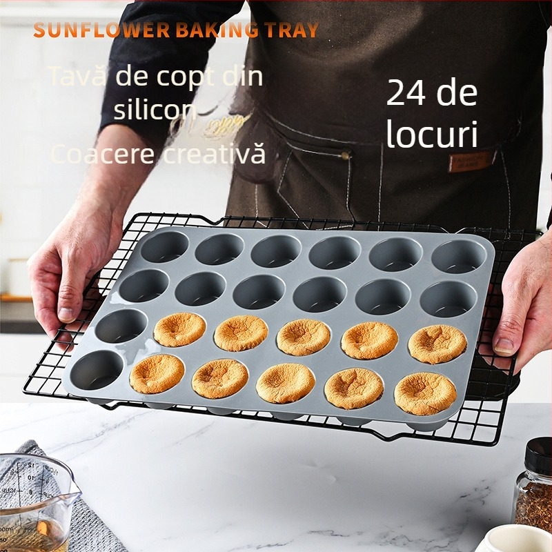 Formă din silicon cu 24 cavități, rotundă, pentru mini brioșe, rezistentă la temperaturi înalte, roșie, 33×22,5 cm