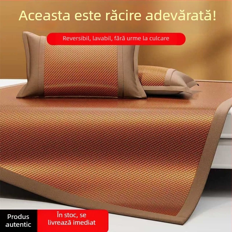 Covoraș din ratan pentru pat, dublu față, pliabil și reversibil, suprafață Ice Silk de răcire, set de trei piese, lavabil, antiderapant, covoraș moale de vară pentru pat de 1,5 m