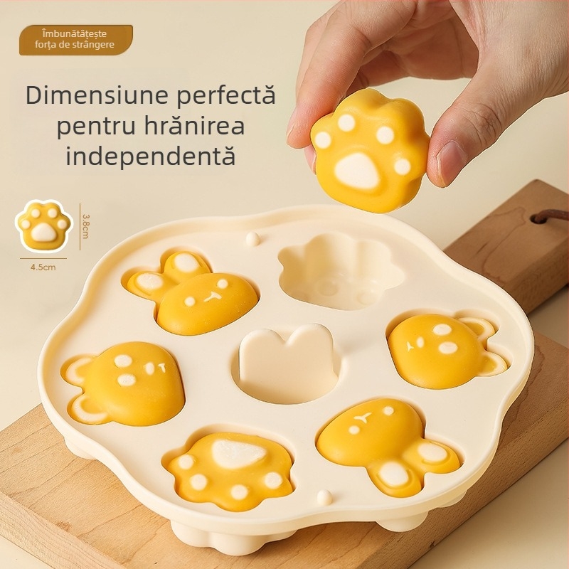 Formă pentru bebeluși – gătit la aburi, silicon alimentar, formă cu labă de pisică, prăjitură de orez cu cârnat, ustensilă de copt