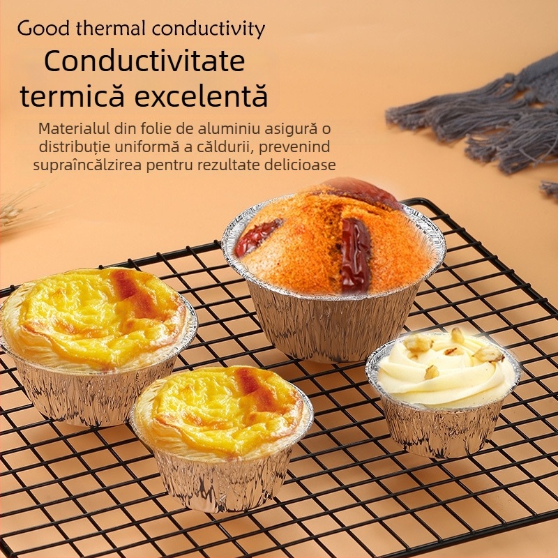 Formă rotundă antiaderentă pentru coacere, din folie de aluminiu, pentru tarte cu ouă, cu cupe din folie