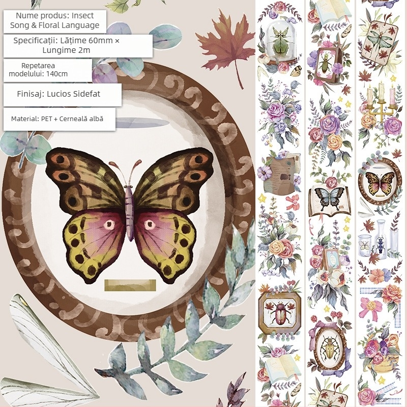 Bandă PET lucioasă cu flori retro pentru decor DIY al jurnalului