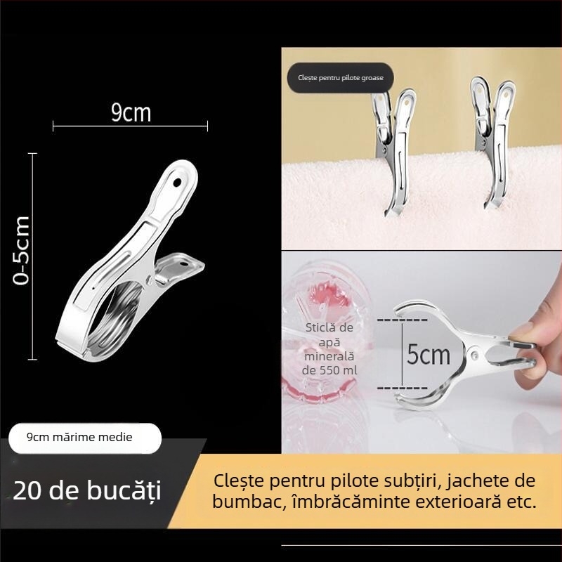 Clip de uscare din oțel inoxidabil — clip mare pentru plăpumi, haine, lenjerie, șosete și eșarfe; design rezistent la vânt