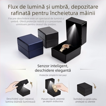 Cutie pentru ceas cu LED, piele cu textură periată, cutie cadou cu capac rabatabil pentru prezentare