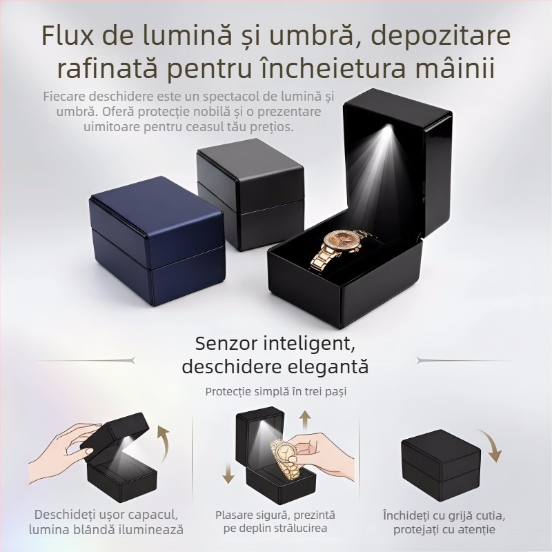 Cutie pentru ceas cu LED, piele cu textură periată, cutie cadou cu capac rabatabil pentru prezentare