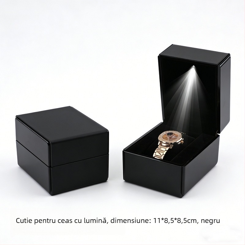 Cutie pentru ceas cu LED, piele cu textură periată, cutie cadou cu capac rabatabil pentru prezentare