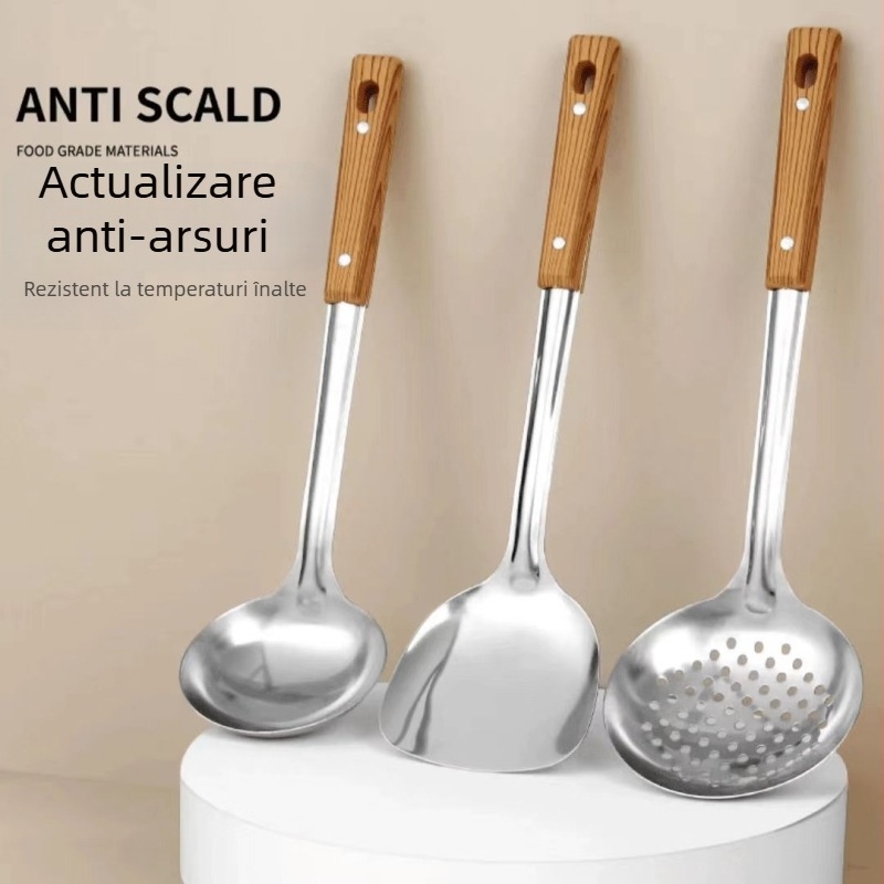 Set de ustensile de bucătărie din oțel inoxidabil: spatulă, lingură cu sită, lingură de supă, lingură pentru orez, spatulă pentru prăjit, spatulă pentru wok