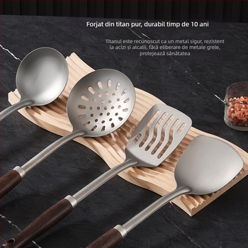 Set de ustensile din titan pur, cu mâner din lemn: spatulă pentru prăjit, lingură cu găuri, lingură de supă, patru piese