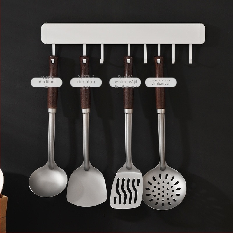Set de ustensile din titan pur, cu mâner din lemn: spatulă pentru prăjit, lingură cu găuri, lingură de supă, patru piese