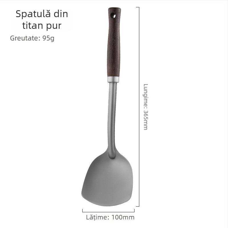 Set de ustensile din titan pur, cu mâner din lemn: spatulă pentru prăjit, lingură cu găuri, lingură de supă, patru piese