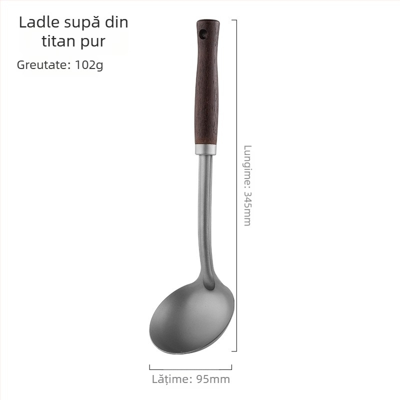 Set de ustensile din titan pur, cu mâner din lemn: spatulă pentru prăjit, lingură cu găuri, lingură de supă, patru piese