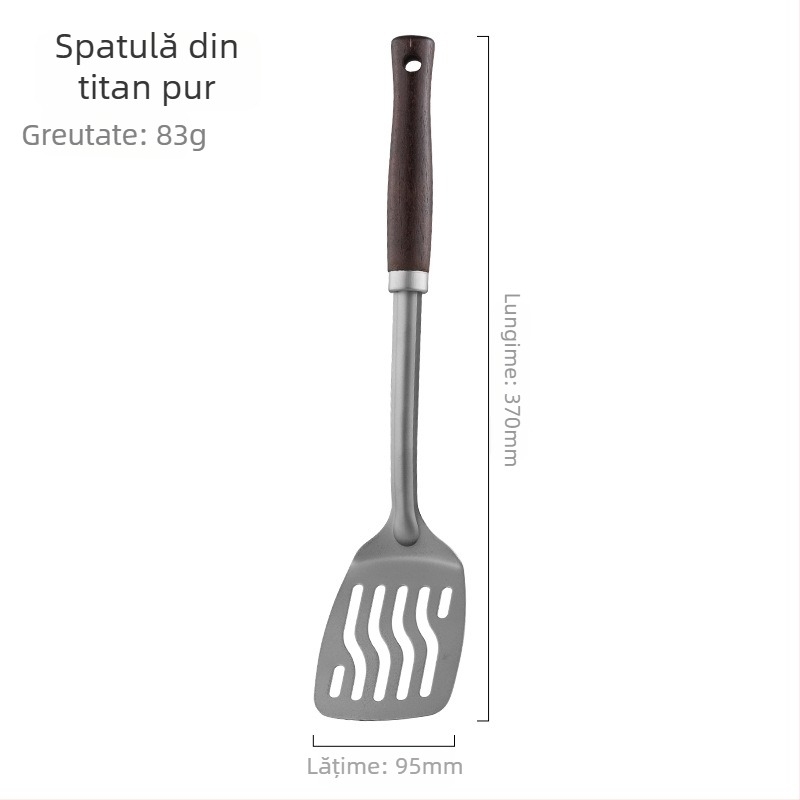 Set de ustensile din titan pur, cu mâner din lemn: spatulă pentru prăjit, lingură cu găuri, lingură de supă, patru piese