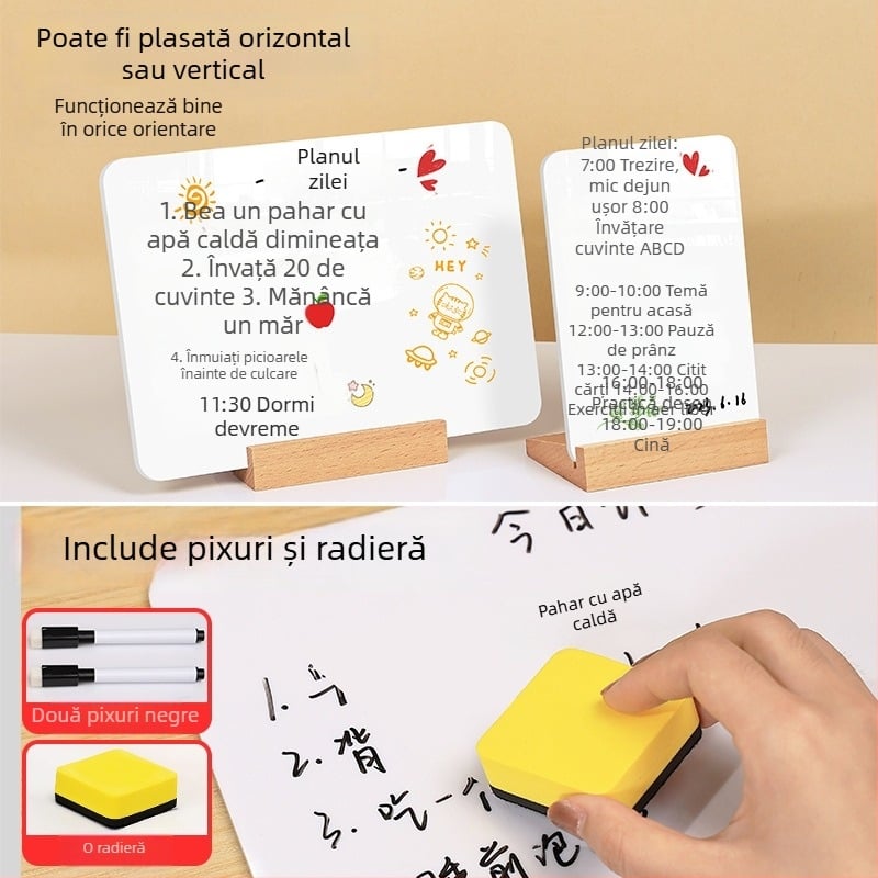 Tablă albă ștersibilă, cu două fețe, de birou, verticală, mică, pentru mesaje