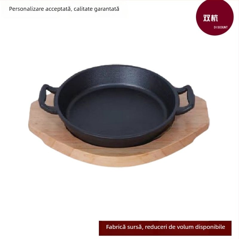 Placă teppanyaki din fontă, rotundă, cu grosime, în stil coreean, pentru steak și grătare, compatibilă cu inducția, uz casnic, cu două mânere
