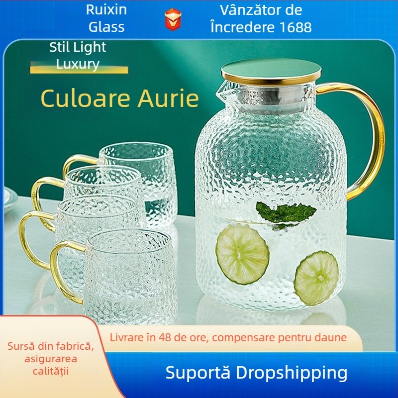 Carafă din sticlă pentru apă rece, capacitate mare, textură ciocan, rezistentă la căldură, pentru suc sau apă, set de carafe
