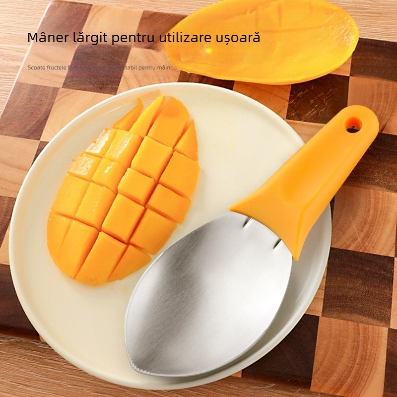 Instrument din oțel inoxidabil pentru fructe: decojit mango, tăietor cuburi, îndepărtător de sâmburi, tăietor de fructe și lingură pentru pulpă