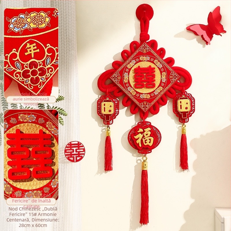 Nod chinezesc roșu 3D cu noroc dublu pentru decor de nuntă, intrare și sufragerie